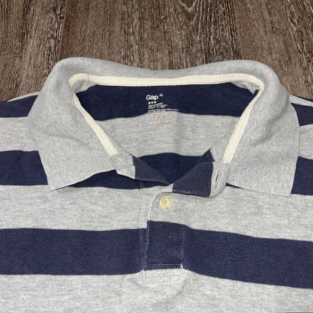 Gap Polo Shirt Mens XL Gray Navy Blue Striped Rugby Short Sleeve Cotton Classic - Picture 2 of 4
